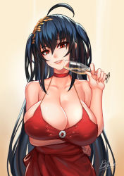 Rule 34 | 1girl, ahoge, alcohol, arm under breasts, artist name, azur lane, bare shoulders, black hair, breast lift, breasts, champagne, champagne flute, choker, cleavage, cocktail dress, collarbone, cup, dress, drinking glass, gradient background, hair between eyes, hair ornament, head tilt, holding, holding cup, huge breasts, long hair, looking at viewer, naughty face, official alternate costume, qblade, raised eyebrow, red choker, red dress, red eyes, smirk, solo, taihou (azur lane), taihou (forbidden feast) (azur lane), teeth, two side up, very long hair