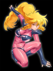 Rule 34 | 1girl, black background, blonde hair, bodysuit, boots, breasts, fingerless gloves, full body, gloves, highres, iczer-1, iczer (series), knee boots, large breasts, long hair, looking at viewer, pointy ears, simple background, solo, tatakae!! iczer-1, yagisaka seto, yellow eyes