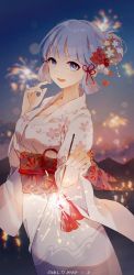 Rule 34 | 1girl, absurdres, artist name, ayaka (genshin impact), blue eyes, breasts, fireworks, flower, genshin impact, hair flower, hair ornament, hair ribbon, highres, holding, holding fireworks, japanese clothes, kimono, long sleeves, looking at viewer, mole, mole under eye, obi, open mouth, red ribbon, ribbon, sash, signature, silver hair, solo, standing, swkl:d, teeth, wide sleeves, yukata