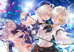 Rule 34 | 2girls, ascot, azur lane, belt, black dress, black vest, blonde hair, blue dress, blurry, braid, brooch, cable, commentary request, concert, confetti, cross, crowd, depth of field, dress, dual persona, eyes visible through hair, fingerless gloves, french braid, frilled cuffs, frilled dress, frills, gloves, glowstick, hair over one eye, hair ribbon, holding, holding microphone, jewelry, lens flare, maid headdress, microphone, microphone cord, miniskirt, multiple girls, open mouth, outstretched hand, panties, pantyshot, pleated skirt, red ribbon, ribbon, sheffield (azur lane), sheffield (muse) (azur lane), short sleeves, skirt, standing, studded belt, thighs, ui. (aqua pot), underwear, vest, white gloves, white ribbon, wrist cuffs, yellow eyes