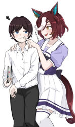Rule 34 | 1boy, 1girl, animal ears, back bow, black pants, blue eyes, book, bow, brown hair, cheek poking, closed mouth, commentary request, cowboy shot, dress shirt, ear ornament, eyepatch, frown, hair between eyes, highres, holding, holding book, horse ears, horse girl, horse tail, miya nns35, multicolored hair, open mouth, pants, pleated skirt, poking, puffy short sleeves, puffy sleeves, purple bow, purple shirt, sailor collar, school uniform, shirt, short hair, short sleeves, simple background, skirt, smile, squiggle, streaked hair, summer uniform, tail, tanino gimlet (umamusume), thighhighs, tracen school uniform, trainer (umamusume), umamusume, white background, white hair, white shirt, white skirt, white thighhighs, yellow eyes