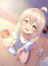 Rule 34 | 1girl, :d, absurdres, ahoge, bare legs, barefoot, blonde hair, blurry, blurry background, chips (food), coca-cola, collarbone, colored inner hair, commentary, food, from above, full body, hair between eyes, handheld game console, highres, indoors, light blush, looking at viewer, manga (object), multicolored hair, no pants, onii-chan wa oshimai!, open mouth, orange eyes, oversized clothes, oversized shirt, oyama mahiro, pink hair, potato chips, recursion, shirt, short sleeves, shosann1612, single bare shoulder, sitting, smile, solo, two-tone hair, white shirt, wooden floor