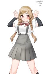 Rule 34 | 1girl, absurdres, arm warmers, arms up, black socks, bow, bowtie, braid, cloud hair ornament, collared shirt, dated, dress shirt, feet out of frame, gradient hair, highres, kantai collection, kneehighs, light brown hair, long hair, looking at viewer, maru (marg0613), minegumo (kancolle), multicolored hair, one-hour drawing challenge, plaid, plaid bow, plaid bowtie, pleated skirt, red bow, red bowtie, red eyes, shirt, simple background, skirt, socks, solo, suspender skirt, suspenders, twin braids, twitter username, white background, white shirt