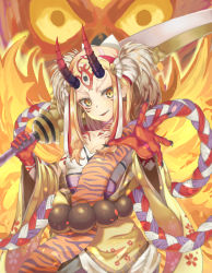 Rule 34 | 1girl, animal print, bare shoulders, bead belt, beads, black nails, blonde hair, collarbone, colored skin, fang, fate (series), fingernails, floral print, gradient horns, highres, holding, holding sword, holding weapon, horns, ibaraki douji (fate), japanese clothes, long sleeves, medium hair, multicolored horns, nail polish, over shoulder, parted lips, red skin, sharp fingernails, solo, sword, sword over shoulder, tattoo, tesin (7aehyun), third eye, tiger print, weapon, weapon over shoulder, wide sleeves, yellow eyes