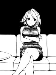 Rule 34 | 1girl, arms under breasts, bare arms, bare shoulders, commentary, couch, crossed arms, crossed legs, english commentary, eyes visible through hair, frown, greyscale, high contrast, inktober, looking away, mole, mole under eye, monochrome, monorus, original, pencil skirt, pillow, ribbed sweater, short hair, sitting, skirt, solo, sweater, sweater vest