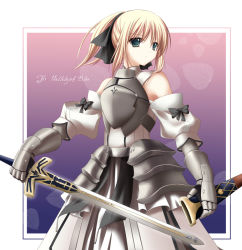 Rule 34 | 00s, 1girl, armor, armored dress, artoria pendragon (fate), avalon (fate/stay night), blonde hair, caliburn (fate), capcom, dress, fate/stay night, fate/unlimited codes, fate (series), faulds, green eyes, ribbon, saber (fate), saber lily, solo, sword, type-moon, weapon, yukifuri