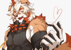 Rule 34 | 1boy, arknights, bara, biceps, black shirt, chinese commentary, colored tips, commentary request, fangs, furry, furry male, haru41113, heart, highres, horns, hung (arknights), komainu boy, komainu ears, komainu tail, looking at viewer, male focus, multicolored hair, muscular, muscular male, open mouth, shirt, single horn, sleeveless, sleeveless shirt, smile, upper body, white background
