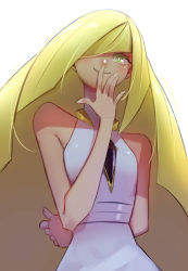 Rule 34 | 10s, 1girl, arm behind back, bare arms, bare shoulders, blonde hair, covering own mouth, creatures (company), crystal, game freak, green eyes, hair over one eye, long hair, looking at viewer, lusamine (pokemon), mature female, nintendo, pokemon, pokemon sm, sleeveless, smile, solo, tostantan, very long hair, white background