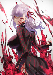 Rule 34 | 1girl, ass, black dress, breasts, corruption, dark persona, dark sakura, dress, fate/stay night, fate (series), floating hair, from side, hair ribbon, highres, hotate-chan, large breasts, long hair, looking at viewer, looking back, matou sakura, parted lips, red eyes, red ribbon, ribbon, sidelocks, solo, striped, turtleneck, white hair