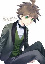Rule 34 | 1boy, ahoge, black bow, black bowtie, black jacket, black pants, bow, bowtie, brown hair, commentary request, danganronpa: trigger happy havoc, danganronpa (series), danganronpa 10th anniversary costume, dated, feet out of frame, from side, green eyes, green vest, happy birthday, jacket, looking at viewer, male focus, naegi makoto, official alternate costume, open clothes, open jacket, pants, shirt, short hair, simple background, sitting, sketti, smile, solo, vest, white background, white shirt