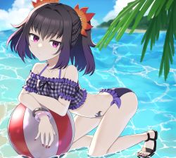 Rule 34 | absurdres, ashido (acidex), ball, beach, beachball, bracelet, collarbone, feet, flower hair ornament, frown, hair ornament, highres, jewelry, leaning on object, mole, mole under eye, nail polish, open-toe shoes, purple eyes, purple hair, red nails, sandals, swimsuit, symonne (tales), tales of (series), tales of zestiria, thighs, toenail polish, toenails, twintails, water