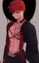 Rule 34 | 1boy, belt, collar, dark persona, emiya shirou, expressionless, fate/grand order, fate (series), great grail, highres, igote, kamo 0707, looking at viewer, male focus, red hair, scar, scar across eye, scar on arm, scar on chest, scar on face, topless male, solo, toned, toned male, twitter username, upper body, wide sleeves, yellow eyes