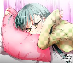 Rule 34 | 10s, 1girl, aqua hair, bespectacled, black-framed eyewear, checkered clothes, checkered shirt, copyright name, dated, glasses, kantai collection, kimura shiki, long hair, looking at viewer, lying, on bed, on stomach, pajamas, pillow, shirt, sleeves past wrists, smile, solo, suzuya (kancolle), twitter username, unmoving pattern, upper body, yellow eyes