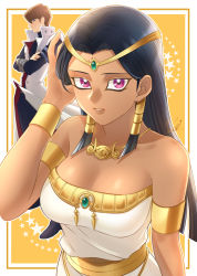 Rule 34 | 1boy, 1girl, arm up, armlet, bracelet, breasts, cleavage, dark-skinned female, dark skin, forehead jewel, hair tubes, highres, ishizu ishtar, jewelry, kaiba seto, kurokiseow, large breasts, looking at viewer, millennium necklace, outline, parted lips, purple hair, signature, solo focus, white outline, yellow background, yu-gi-oh!, yu-gi-oh! duel monsters