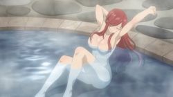 Rule 34 | 1girl, animated, animated gif, bath, breasts, convenient censoring, erza scarlet, fairy tail, hair censor, hair over breasts, hair over one eye, large breasts, long hair, nude, red hair, stretching, water
