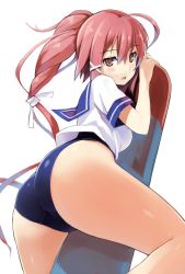 Rule 34 | 10s, 1girl, ass, bad id, bad twitter id, blush, hair ribbon, i-168 (kancolle), kantai collection, kekemotsu, long hair, looking at viewer, one-piece swimsuit, onow, open mouth, ponytail, red eyes, red hair, ribbon, school swimsuit, school uniform, serafuku, solo, swimsuit, swimsuit under clothes, torpedo