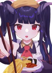 Rule 34 | apron, black hair, blue archive, chopsticks, commentary request, food, fuuka (blue archive), hair between eyes, highres, horns, hot dog, incoming food, long hair, looking at viewer, offering, onigiri, plate, red hair, school uniform, simple background, twintails, white background