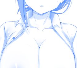Rule 34 | 1girl, blue theme, breasts, chiyo goya, cleavage, female focus, getsuyoubi no tawawa, head out of frame, huge breasts, kouhai-chan (tawawa), monochrome, nipples, no bra, official style, open clothes, open shirt, out-of-frame censoring, shirt, solo, upper body, white background