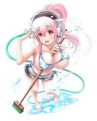 Rule 34 | 1girl, barefoot, between breasts, bikini, blush, breasts, broom, cleavage, covered erect nipples, groin, headphones, highres, holding, hose, jewelry, large breasts, leaning forward, long hair, looking at viewer, navel, necklace, nitroplus, open fly, open mouth, pink eyes, pink hair, ponytail, puddle, shiny skin, shorts, side-tie bikini bottom, skindentation, solo, super sonico, sweatdrop, swimsuit, transparent background, v-mag, water