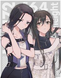 Rule 34 | adjusting hair, arm belt, bad id, bad twitter id, bang dream!, bare shoulders, belt, black hair, black skirt, brown hair, closed mouth, cowboy shot, dress, furrowed brow, grey background, grey eyes, hanazono tae, hand on own arm, hands up, highres, holding, holding own hair, jewelry, long hair, looking at viewer, midriff, necklace, parted lips, shiontaso, skirt, standing, sweater, turtleneck, turtleneck sweater, wakana rei, white belt, white dress