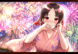 Rule 34 | 1girl, absurdres, aerial fireworks, alternate costume, black hair, blurry, blurry background, blush, bridge, closed mouth, collarbone, commentary request, depth of field, fireworks, floral print, flower, folded ponytail, hair flower, hair ornament, hair ribbon, hands up, highres, japanese clothes, kaguya-sama wa kokurasetai ~tensai-tachi no renai zunousen~, kimono, letterboxed, looking at viewer, nose blush, parted bangs, pink flower, pink kimono, print kimono, red eyes, red ribbon, ribbon, shinomiya kaguya, short sleeves, solo, summer, upper body, wavy mouth, wide sleeves, yukata, yukiunag1