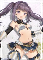 Rule 34 | 1girl, absurdres, airport96, alice gear aegis, armor, bare shoulders, bikini, bikini armor, blue skirt, breasts, cameltoe, covered erect nipples, detached collar, elbow gloves, gloves, gluteal fold, highres, ichijou ayaka, miniskirt, navel, purple eyes, purple hair, skirt, small breasts, smile, solo, swimsuit, thighhighs, twintails, vambraces, white bikini