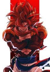Rule 34 | 1boy, absurdres, biceps, black wristband, blue eyes, blue sash, body fur, dragon ball, dragon ball gt, gogeta, highres, looking at viewer, male focus, metamoran vest, monkey boy, monkey tail, muscular, muscular male, no nipples, pants, pectorals, red fur, red hair, relio db318, sash, simple background, smile, solo, spiked hair, super saiyan, super saiyan 4, tail, veins, veiny hands, white pants