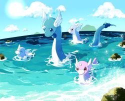 Rule 34 | alternate color, blue eyes, bokubo, cloud, creatures (company), day, dragonair, dratini, closed eyes, game freak, gen 1 pokemon, horns, looking down, nintendo, no humans, outdoors, pokemon, pokemon (creature), rock, shiny pokemon, single horn, sky, sparkle, swimming, symbol-only commentary, water
