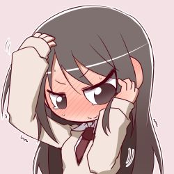 Rule 34 | 1girl, blush, breasts, brown eyes, brown hair, child, closed mouth, female focus, full-face blush, hand on own head, ikkyuu, long hair, long sleeves, looking at viewer, necktie, no nose, no pupils, school uniform, simple background, solo, tears, upper body, wavy mouth