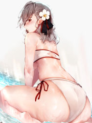 Rule 34 | 1girl, arm support, ass, bad id, bad pixiv id, bikini, blush, breasts, cleavage, commentary, from behind, girls&#039; frontline, hair between eyes, hair ribbon, highres, hplay, large breasts, long hair, looking at viewer, official alternate costume, red eyes, ribbon, side-tie bikini bottom, silver hair, sitting, skindentation, solo, spas-12 (girls&#039; frontline), spas-12 (midsummer fruit) (girls&#039; frontline), stomach, swimsuit, thighs, twintails, water, wet, white bikini, wide hips