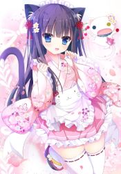 Rule 34 | 1girl, :d, animal, animal ear fluff, animal ears, apron, black footwear, black hair, blue eyes, blush, cat, cat ears, cat girl, cat tail, commentary request, floral print, frilled apron, frilled sleeves, frills, hair between eyes, hands up, head tilt, japanese clothes, kimono, long hair, long sleeves, maid, maid headdress, open mouth, original, pinching sleeves, pink kimono, pink skirt, pleated skirt, print kimono, ribbon-trimmed legwear, ribbon trim, shiwasu horio, short kimono, skirt, sleeves past wrists, smile, solo, tail, tail raised, thighhighs, very long hair, wa maid, waist apron, white apron, white thighhighs, wide sleeves