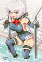 Rule 34 | 1girl, ahoge, blue leotard, breasts, cosplay, covered navel, dead or alive, dead or alive 5, frilled leotard, frilled one-piece swimsuit, frilled thighhighs, frills, large breasts, leotard, light purple hair, long hair, looking at viewer, low twintails, marie rose, marie rose (cosplay), one-piece swimsuit, partially submerged, pool, pool ladder, poolside, purple eyes, scrunchie, senki zesshou symphogear, shiny clothes, shiny skin, sitting, solo, thighhighs, tongue, tongue out, twintails, uganda (ugandam 00), water, wet, yukine chris