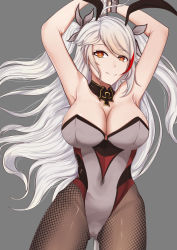 Rule 34 | 1girl, absurdres, animal ears, azur lane, bare shoulders, breasts, brown eyes, cleavage, covered navel, cross, detached collar, fake animal ears, fishnet pantyhose, fishnets, grey background, highleg, highleg leotard, highres, iron cross, large breasts, leotard, long hair, looking at viewer, pantyhose, playboy bunny, pole, prinz eugen (azur lane), rabbit ears, red hair, simple background, solo, strapless, strapless leotard, stripper pole, tian kazuki, twintails, white hair, wing collar, wrist cuffs