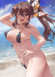 Rule 34 | 1girl, alternate hairstyle, ashigara (kancolle), bare arms, bare legs, bare shoulders, beach, bikini, black bikini, blush, breasts, brown eyes, brown hair, cowboy shot, day, fang, hair between eyes, highres, kantai collection, large breasts, long hair, looking at viewer, navel, ocean, one eye closed, open mouth, ponytail, smile, solo, swimsuit, toka (marchlizard)