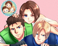Rule 34 | 1girl, 2boys, bare shoulders, blonde hair, blue eyes, brown hair, chris redfield, closed mouth, curtained hair, fingerless gloves, gloves, jill valentine, leon s. kennedy, looking at viewer, multiple boys, nagare, police, police uniform, resident evil, resident evil 1, resident evil 2, resident evil 3, resident evil 3: nemesis, short hair, smile, uniform
