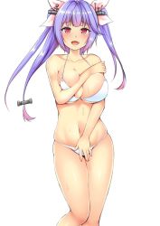 Rule 34 | 1girl, :d, alternate costume, bare arms, bare legs, bare shoulders, barefoot, bikini, blue hair, blunt bangs, blush, breasts, cleavage, collarbone, commentary request, full body, grey background, hair ribbon, halterneck, headgear, i-19 (kancolle), kantai collection, kisaragi nana, large breasts, long hair, looking at viewer, navel, open mouth, pink ribbon, red eyes, ribbon, simple background, skindentation, smile, solo, standing, stomach, swimsuit, tri tails, wet, white background, white bikini