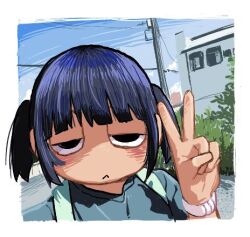 Rule 34 | 1girl, :&lt;, black hair, blue shirt, blue sky, blunt bangs, blush, border, bracelet, building, commentary request, day, explosion psycho, grass, half-closed eyes, hand up, jewelry, lowres, making-of available, oekaki, original, outdoors, outside border, portrait, power lines, shadow, shirt, short hair, short twintails, shoulder strap, sky, solo, twintails, utility pole, v, white border