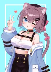 Rule 34 | 1girl, ;o, absurdres, animal ears, armpit crease, bare shoulders, belt buckle, beret, black choker, black skirt, blue eyes, blue jacket, bow, braid, breasts, brown hair, buckle, cat ears, cat girl, cat tail, choker, cleavage, collarbone, crop top, hair ornament, hairclip, hand up, hat, high-waist skirt, highres, jacket, large breasts, long sleeves, looking at viewer, midriff, off shoulder, one eye closed, open clothes, open jacket, parted lips, pocari (sq551), puffy sleeves, revealing clothes, shirt, short hair, skirt, sleeveless, sleeveless shirt, solo, tail, tail bow, tail ornament, upper body, vrchat, w, white shirt