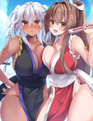 Rule 34 | 2girls, arm guards, bare shoulders, blush, breasts, brown eyes, brown hair, cleavage, cosplay, dark-skinned female, dark skin, dated, day, embarrassed, fatal fury, folded fan, folding fan, hair between eyes, hand fan, high ponytail, highres, holding, holding fan, japanese clothes, kantai collection, large breasts, long hair, looking at viewer, mashiro yukiya, multiple girls, musashi (kancolle), ninja, outdoors, pelvic curtain, pointy hair, ponytail, red eyes, revealing clothes, rope, shiranui mai, shiranui mai (cosplay), sideboob, signature, smile, the king of fighters, twintails, two side up, yamato (kancolle)