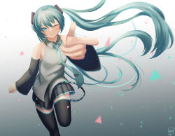 Rule 34 | 1girl, ;), absurdly long hair, absurdres, anniversary, aqua eyes, aqua hair, aqua necktie, artist name, artist request, bare shoulders, black skirt, black sleeves, black thighhighs, blue eyes, blue hair, blue necktie, breasts, collarbone, collared shirt, detached sleeves, female focus, floating, floating hair, frilled shirt collar, frills, grey shirt, hair between eyes, hair ornament, hatsune miku, highres, lmm 108, long hair, looking at viewer, miniskirt, nail polish, necktie, one eye closed, parted lips, pleated skirt, pointing, pointing at viewer, shirt, skirt, sleeveless, sleeveless shirt, sleeves past wrists, smile, solo, standing, standing on one leg, thighhighs, tie clip, twintails, very long hair, vocaloid, wide sleeves, wing collar, zettai ryouiki