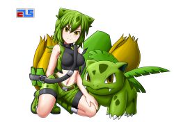 Rule 34 | 1girl, absurdres, alternate color, animal ears, arm behind back, artist name, bag, bare shoulders, black shirt, blush, boots, breasts, brown eyes, claws, closed mouth, covered collarbone, creatures (company), crop top, fangs, female focus, full body, game freak, gen 1 pokemon, green footwear, green hair, green shorts, green vest, happy, head tilt, highres, ivysaur, kneehighs, kneeling, large breasts, long hair, looking at viewer, midriff, navel, nintendo, pokemon, pokemon (creature), red eyes, shield, shiny pokemon, shirt, short hair, short shorts, shorts, shougun (chuckni1), simple background, sleeveless, sleeveless shirt, smile, socks, spread legs, standing, stomach, turtleneck, vest, watermark, white background, white socks