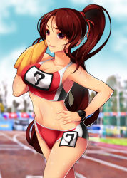 Rule 34 | 1girl, blurry, breasts, brown hair, cleavage, day, depth of field, groin, hair ribbon, hand on own hip, koflif, large breasts, long hair, midriff, navel, open mouth, original, parted lips, ponytail, purple eyes, ribbon, running track, shiny skin, skindentation, sky, solo, sports bikini, sweat, taut clothes, towel, track and field, track uniform, watch, wristwatch