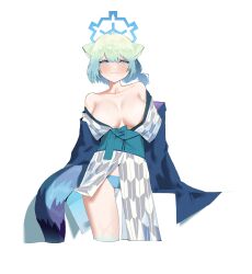 Rule 34 | 1girl, absurdres, animal ears, bare shoulders, blue archive, blue eyes, blue halo, blue panties, breasts, cleavage, closed mouth, collarbone, commentary request, dami, green hair, halo, highres, japanese clothes, kimono, large breasts, looking at viewer, obi, official alternate costume, panties, sash, shigure (blue archive), shigure (hot spring) (blue archive), short hair, simple background, smile, solo, standing, tail, thighs, underwear, white background, white kimono