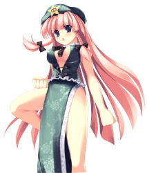 Rule 34 | 1girl, blue eyes, blush, bow, braid, breasts, china dress, chinese clothes, cleavage, clenched hands, corrupted metadata, dress, embodiment of scarlet devil, female focus, fighting stance, hair bow, hat, hong meiling, long hair, medium breasts, open mouth, pink hair, red hair, solo, standing, standing on one leg, star (symbol), touhou, twin braids, very long hair