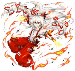 Rule 34 | 1girl, bad id, bad pixiv id, burnt clothes, fire, fujiwara no mokou, kankan33333, long hair, red eyes, solo, suspenders, torn clothes, torn sleeves, touhou, white hair