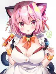 Rule 34 | 1girl, alternate costume, animal ears, bell, neck bell, blush, bow, bowtie, breasts, candy, cat ears, cat tail, cleavage, collar, commentary request, fang, food, hair ornament, hair ribbon, highres, jingle bell, kantai collection, large breasts, lollipop, looking at viewer, masayo (gin no ame), parted lips, pink eyes, pink hair, ribbon, short hair, simple background, solo, tail, tama (kancolle), upper body, white background, wrist cuffs