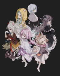 6+girls absurdres animal_ears animal_hood ash_blossom_&amp;_joyous_spring barefoot black_bow black_dress black_robe bow brown_eyes brown_hair dog_ears dog_girl dress duel_monster frilled_bow frilled_dress frills ghost_belle_&amp;_haunted_mansion ghost_mourner_&amp;_moonlit_chill ghost_ogre_&amp;_snow_rabbit ghost_reaper_&amp;_winter_cherries ghost_sister_&amp;_spooky_dogwood gothic_lolita green_eyes green_hair grey_eyes grey_hair hair_between_eyes hair_bow highres hood horns japanese_clothes jewelry kaichou_(homehome_h) kimono lolita_fashion long_hair long_sleeves looking_at_viewer low_twintails multiple_girls necklace nun obi open_mouth pink_hair pointy_ears red_eyes ribbon robe sash scythe short_hair short_kimono smile tail torn_clothes traditional_nun twintails weapon white_hair wide_sleeves yellow_eyes yellow_hood yu-gi-oh!