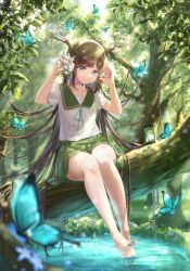 Rule 34 | 1girl, antlers, aqua eyes, aqua ribbon, barefoot, blurry, blurry background, blurry foreground, braid, branch, brown hair, closed mouth, collarbone, collared shirt, commentary request, depth of field, eyelashes, feet, flower, forest, full body, green skirt, hair flower, hair ornament, hands up, highres, horns, legs, miniskirt, nature, neck ribbon, original, outdoors, parted bangs, pleated skirt, ribbon, school uniform, shiny skin, shirt, short sleeves, sitting, skirt, smile, soaking feet, solo, toes, tree, white shirt, yumeu