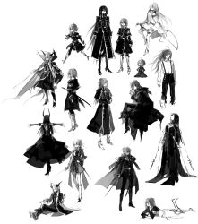 Rule 34 | 6+boys, 6+girls, ahoge, cape, child, coat, crossed arms, formal, greyscale, highres, horns, long hair, lying, monochrome, multiple boys, multiple girls, on stomach, overcoat, running, shield, sitting, starshadowmagician, suspenders