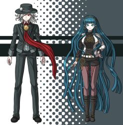 Rule 34 | 1boy, 1girl, blue eyes, blue hair, blunt bangs, bracelet, breasts, cleopatra (fate), creator connection, danganronpa (series), edmond dantes (fate), edmond dantes (first ascension) (fate), fate/grand order, fate (series), fedora, flower, full body, hair flower, hair ornament, hairband, halftone, hand on own hip, hat, jewelry, komatsuzaki rui (style), long hair, looking at viewer, necklace, official style, pantyhose, red eyes, silver hair, simple background, two-tone background, very long hair, wavy hair, yumaru (marumarumaru)
